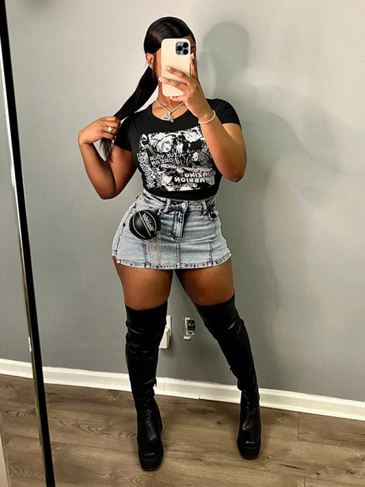 Ladies retro washed stretch denim cotton short hip skirt pants